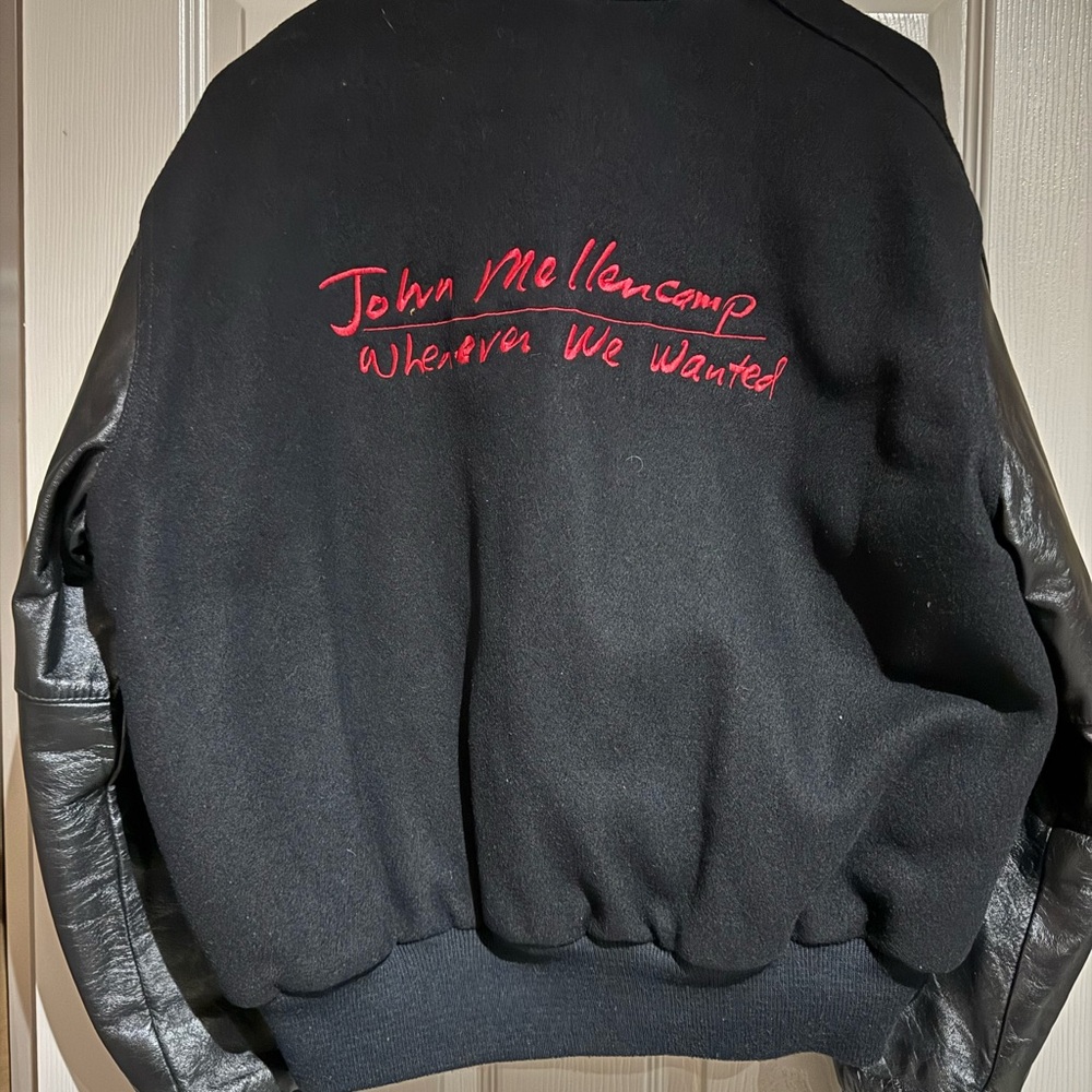 RARE John Mellencamp Black Bomber Jacket with Leather Sleeves
